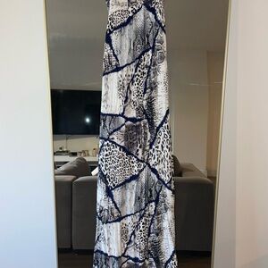 Stylish Animal Print Maxi Strapless Dress - Blue and White